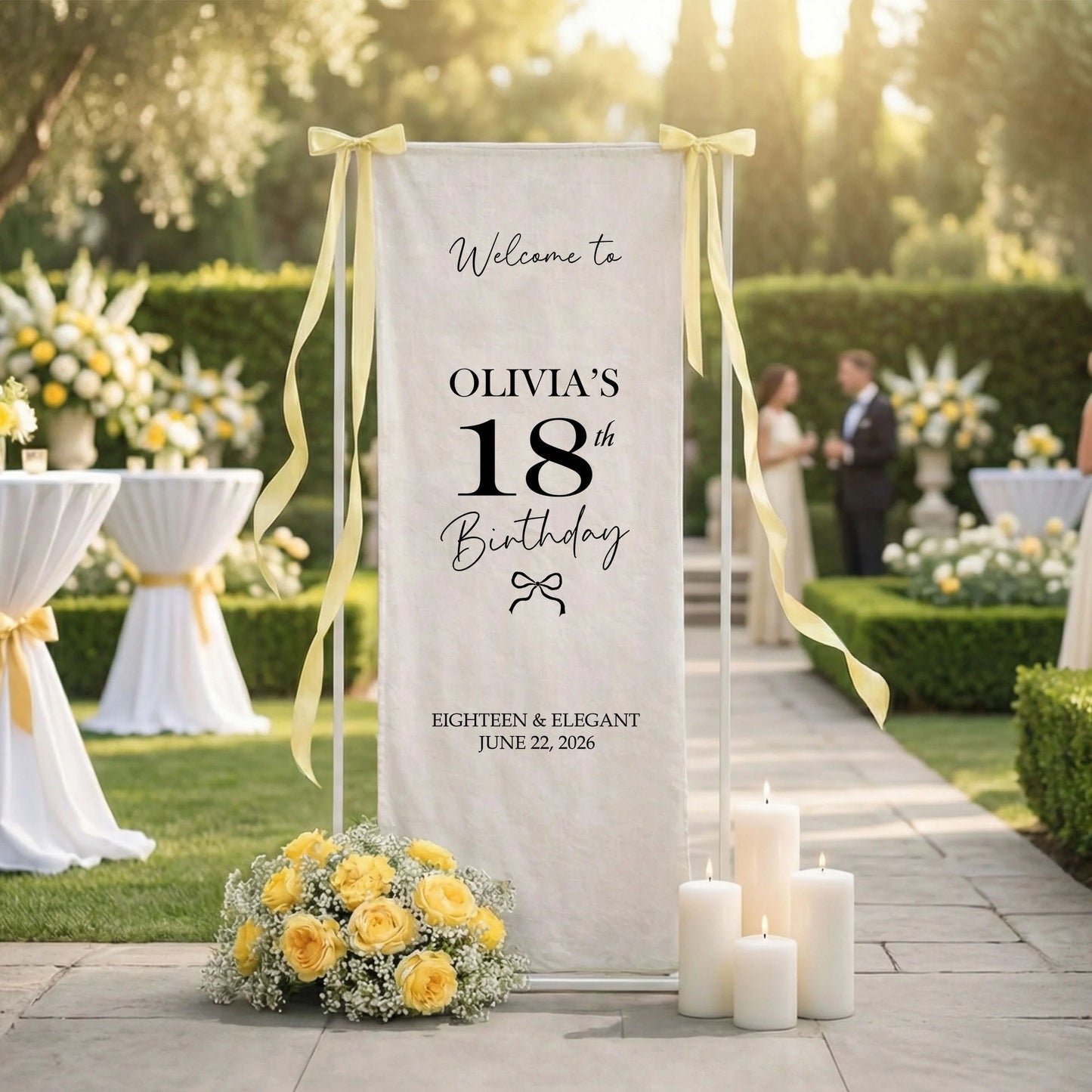 Coquette 18th Birthday Banner Stand Personalized Custom Name Welcome Sign Eighteen Elegant Linen