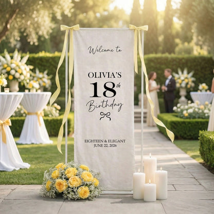Coquette 18th Birthday Banner Stand Personalized Custom Name Welcome Sign Eighteen Elegant Linen