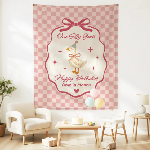Coquette First Birthday Tapestry Personalized One Silly Goose Birthday Banner Custom Name Party Decor