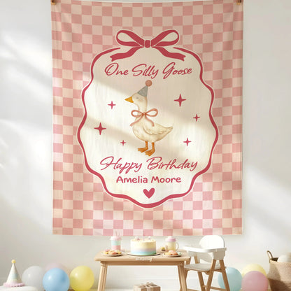 Coquette First Birthday Tapestry Personalized One Silly Goose Birthday Banner Custom Name Party Decor
