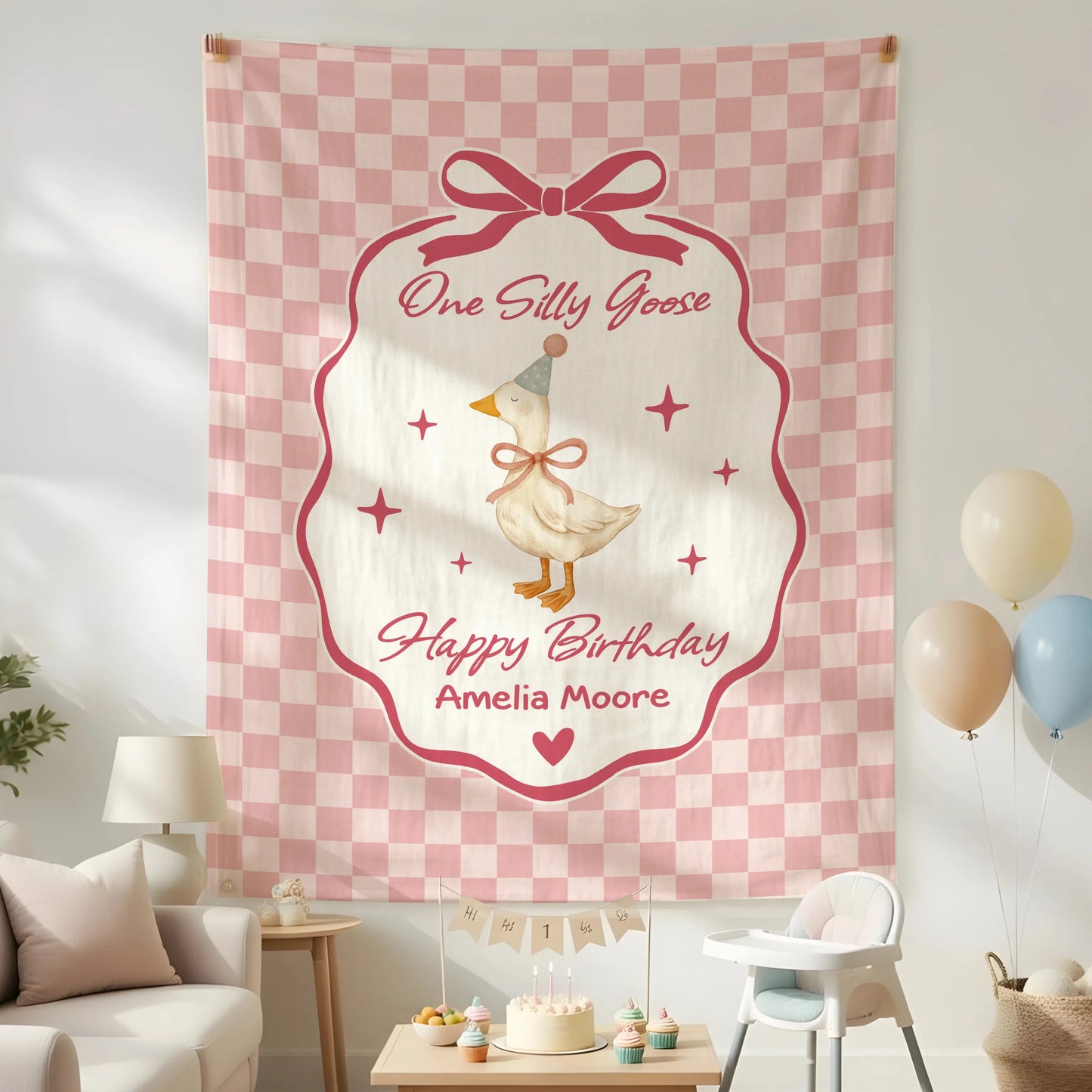 Coquette First Birthday Tapestry Personalized One Silly Goose Birthday Banner Custom Name Party Decor
