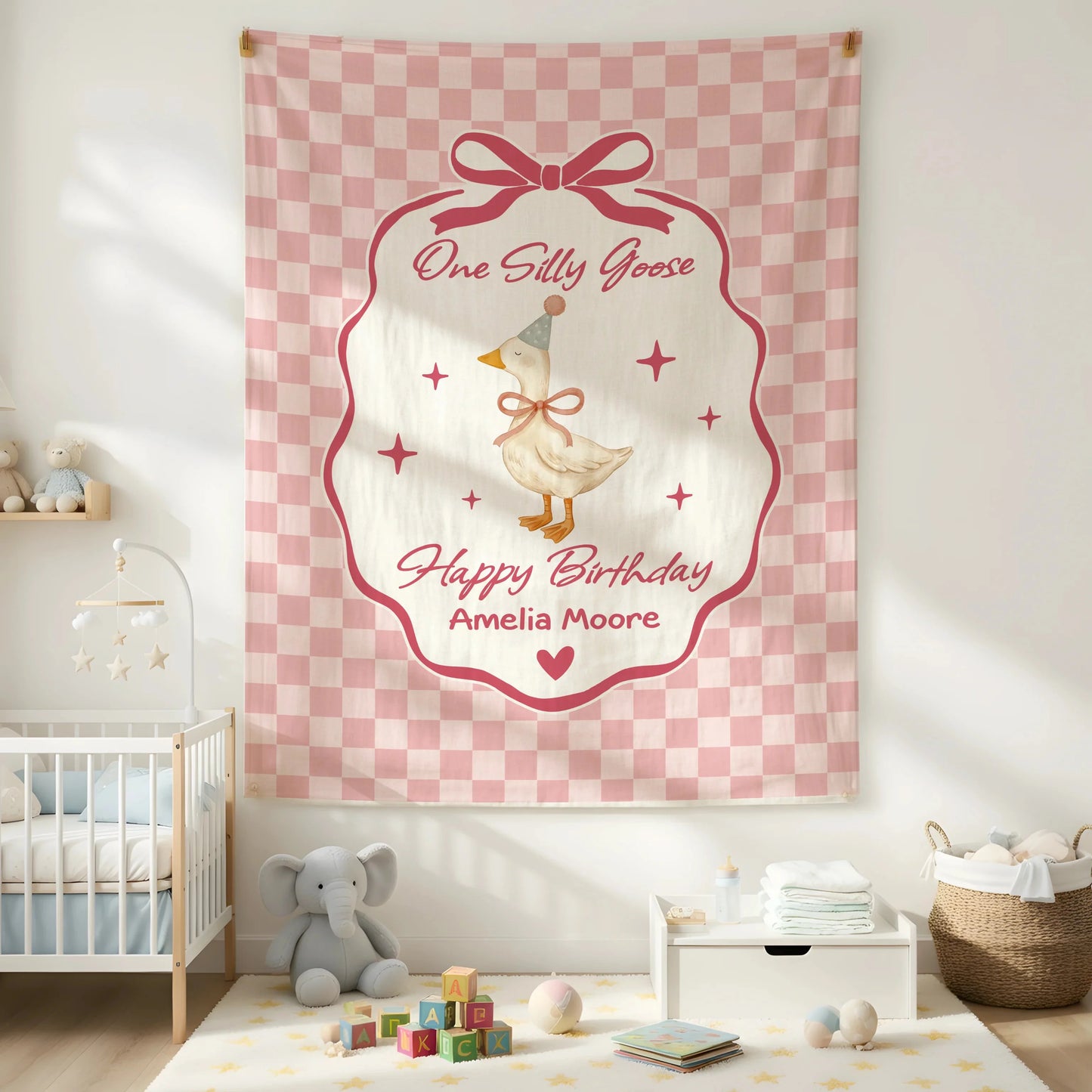 Coquette First Birthday Tapestry Personalized One Silly Goose Birthday Banner Custom Name Party Decor