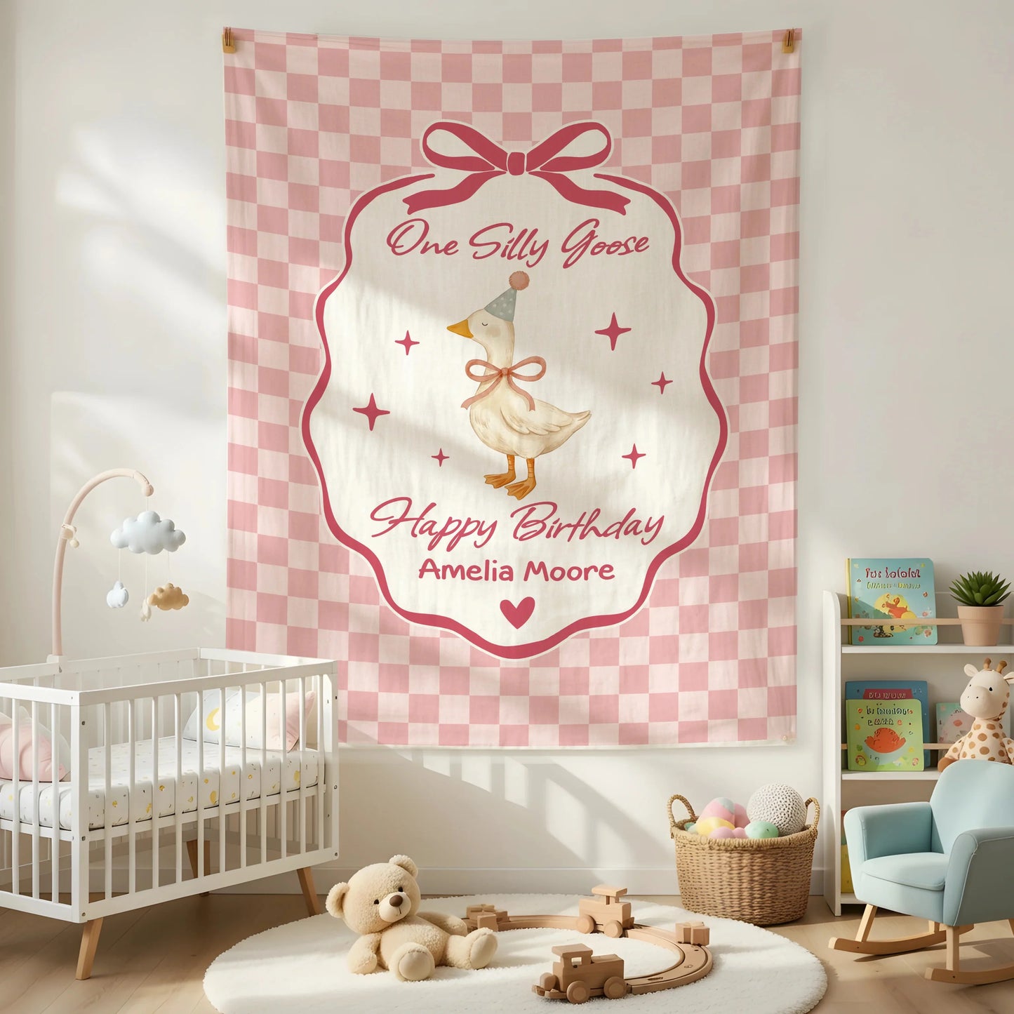 Coquette First Birthday Tapestry Personalized One Silly Goose Birthday Banner Custom Name Party Decor