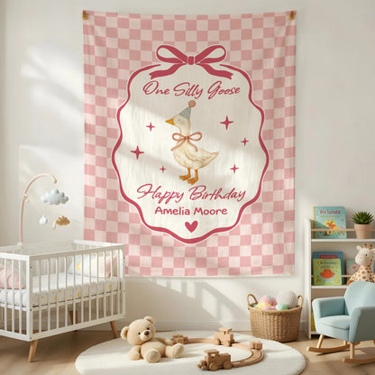 Coquette First Birthday Tapestry Personalized One Silly Goose Birthday Banner Custom Name Party Decor