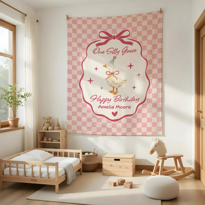 Coquette First Birthday Tapestry Personalized One Silly Goose Birthday Banner Custom Name Party Decor