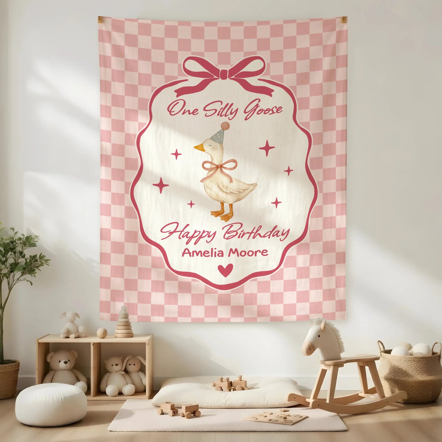 Coquette First Birthday Tapestry Personalized One Silly Goose Birthday Banner Custom Name Party Decor