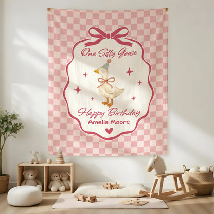 Coquette First Birthday Tapestry Personalized One Silly Goose Birthday Banner Custom Name Party Decor