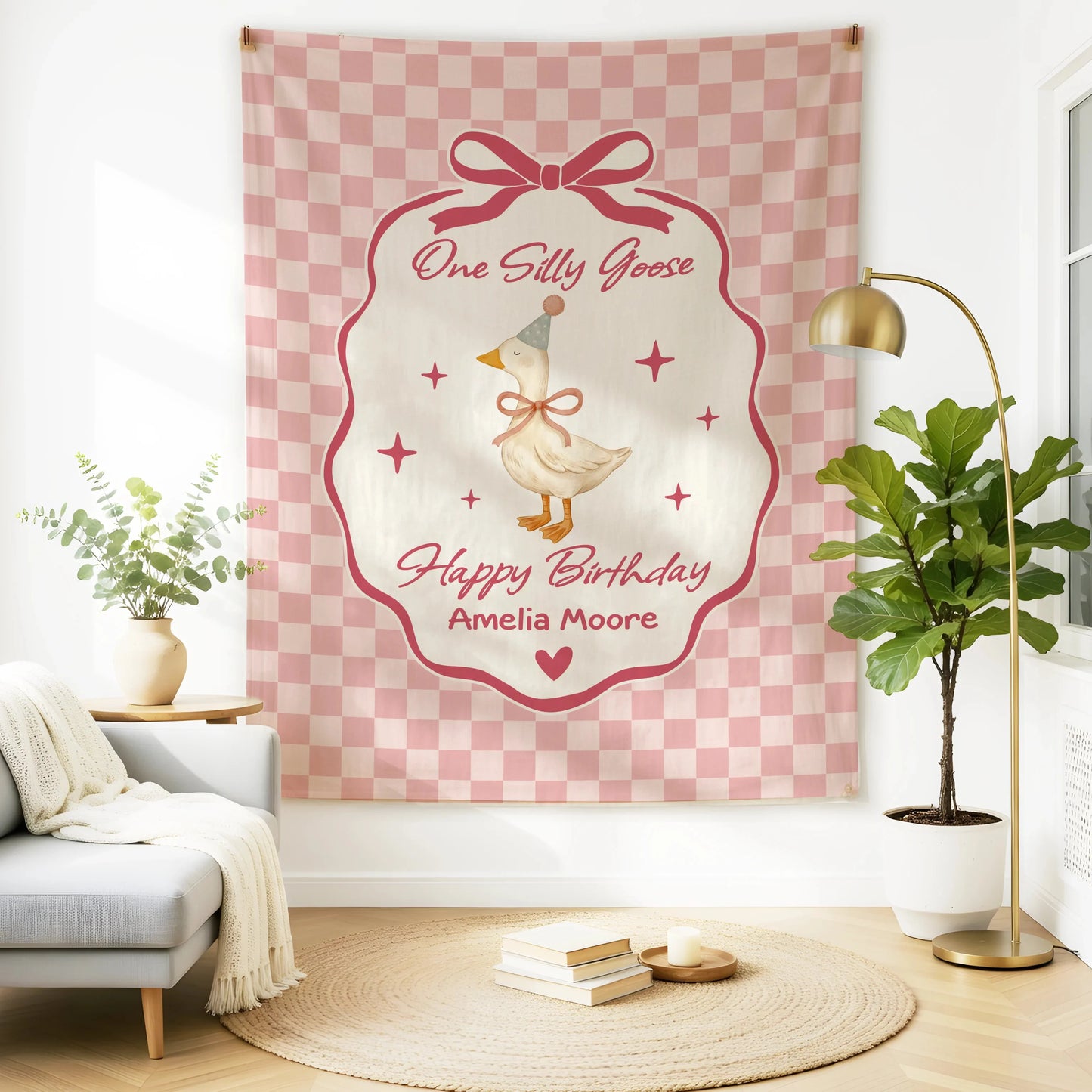 Coquette First Birthday Tapestry Personalized One Silly Goose Birthday Banner Custom Name Party Decor