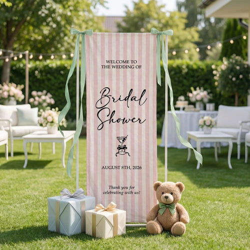 Coquette Bridal Shower Banner Stand Personalized Custom Name Pink Stripe Welcome Sign Party Decor, bridal shower decor