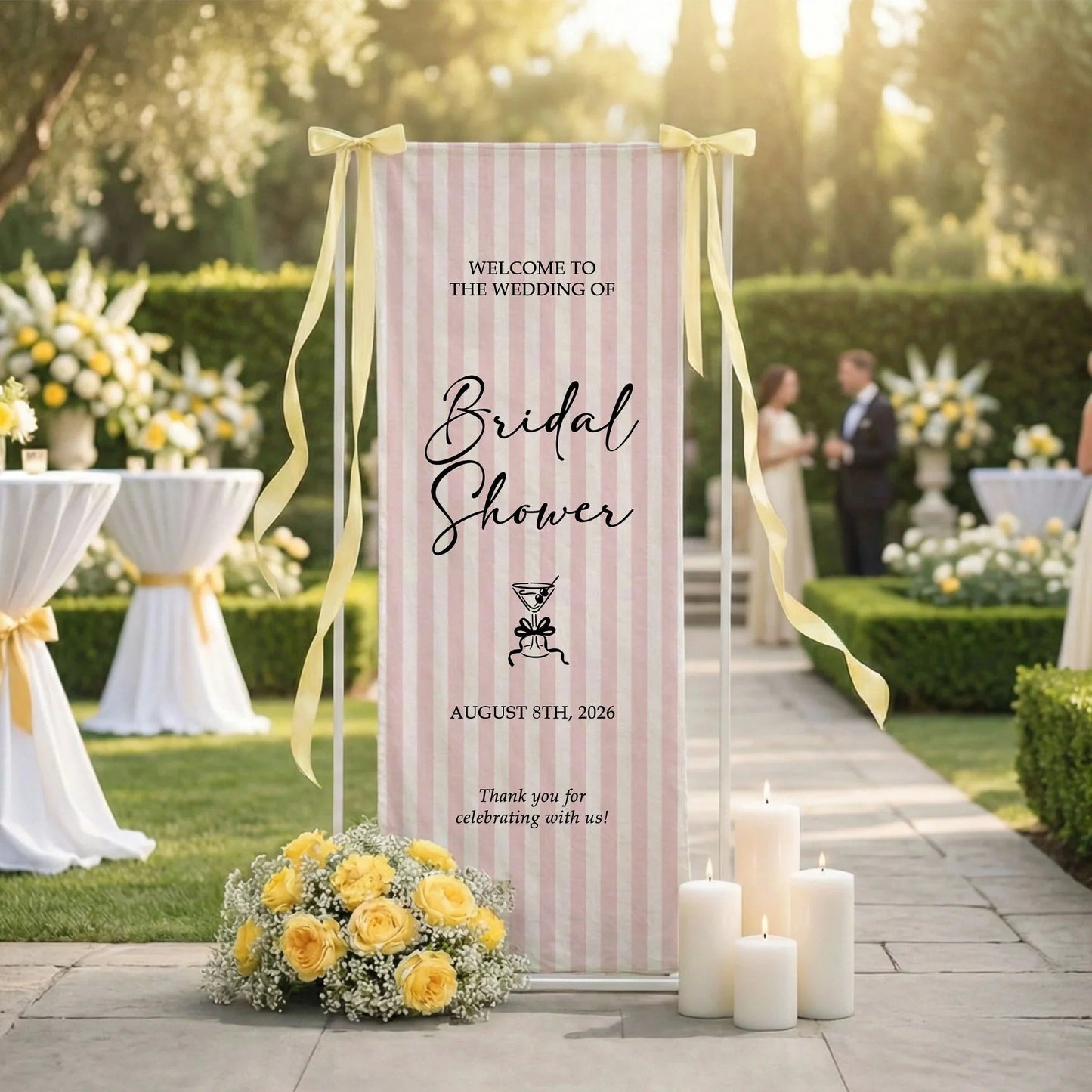 Coquette Bridal Shower Banner Stand Personalized Custom Name Pink Stripe Welcome Sign Party Decor, bridal shower decor