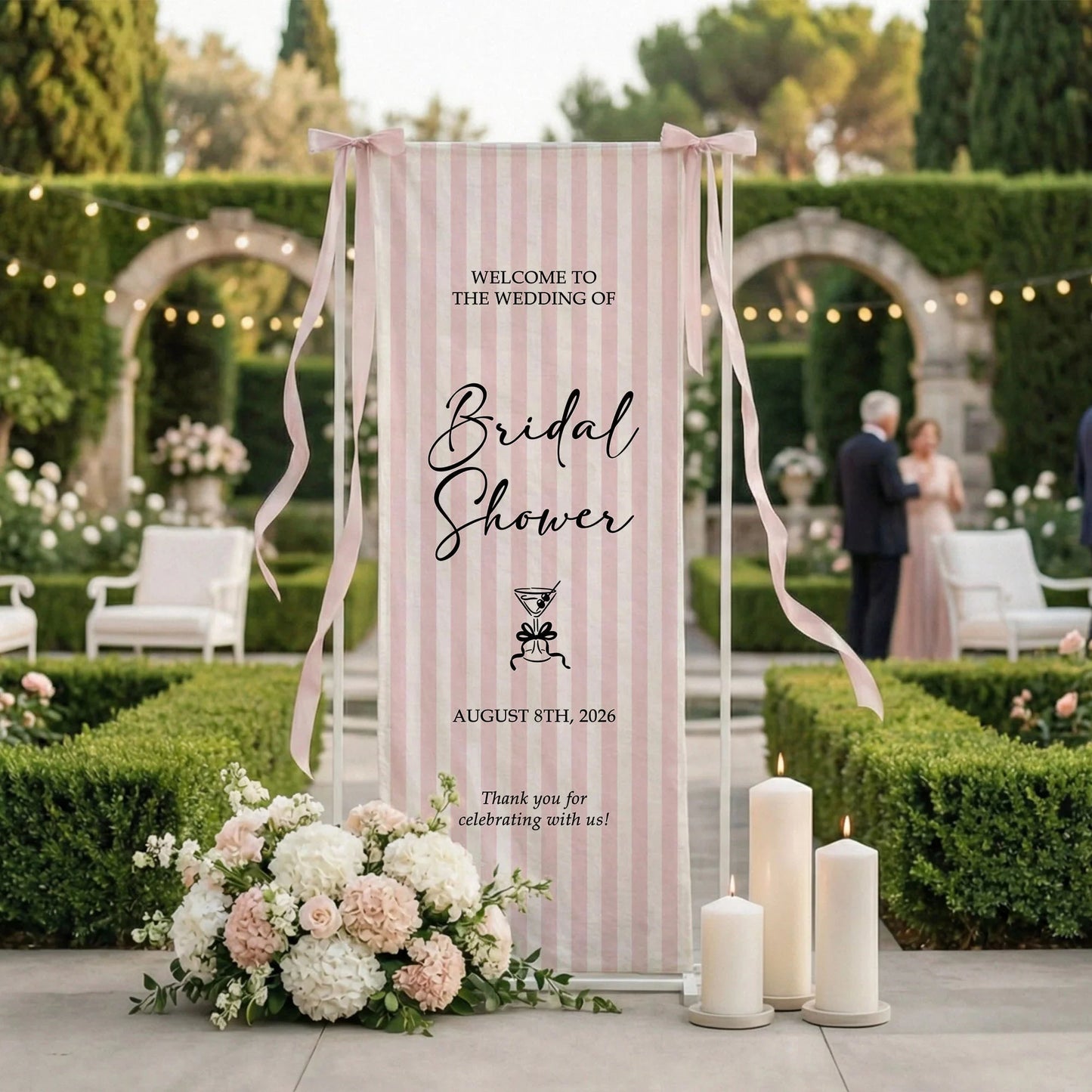 Coquette Bridal Shower Banner Stand Personalized Custom Name Pink Stripe Welcome Sign Party Decor, bridal shower decor