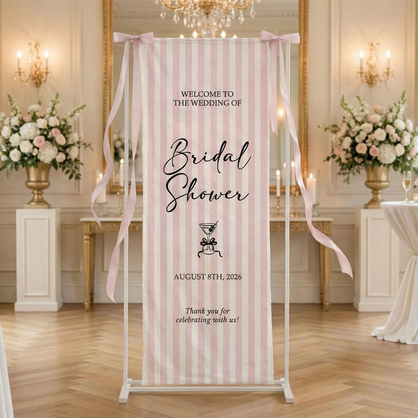 Coquette Bridal Shower Banner Stand Personalized Custom Name Pink Stripe Welcome Sign Party Decor, bridal shower decor