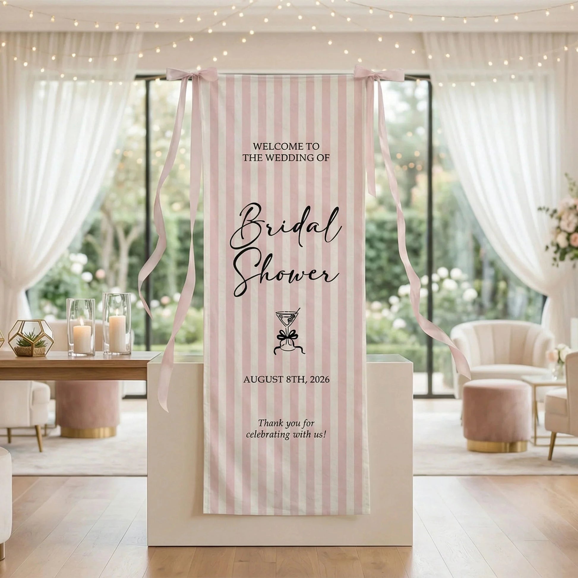 Coquette Bridal Shower Banner Stand Personalized Custom Name Pink Stripe Welcome Sign Party Decor, bridal shower decor