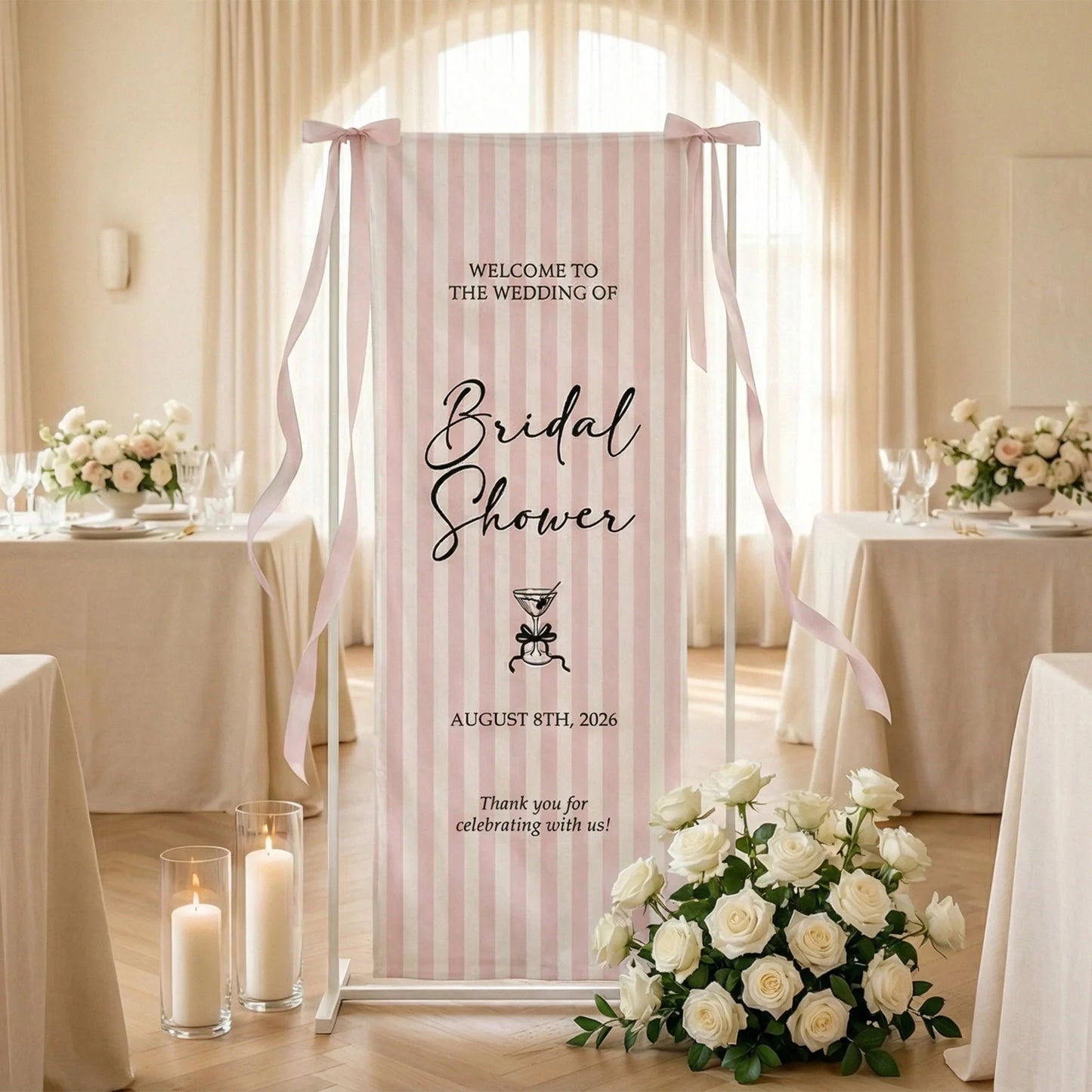 Coquette Bridal Shower Banner Stand Personalized Custom Name Pink Stripe Welcome Sign Party Decor, bridal shower decor