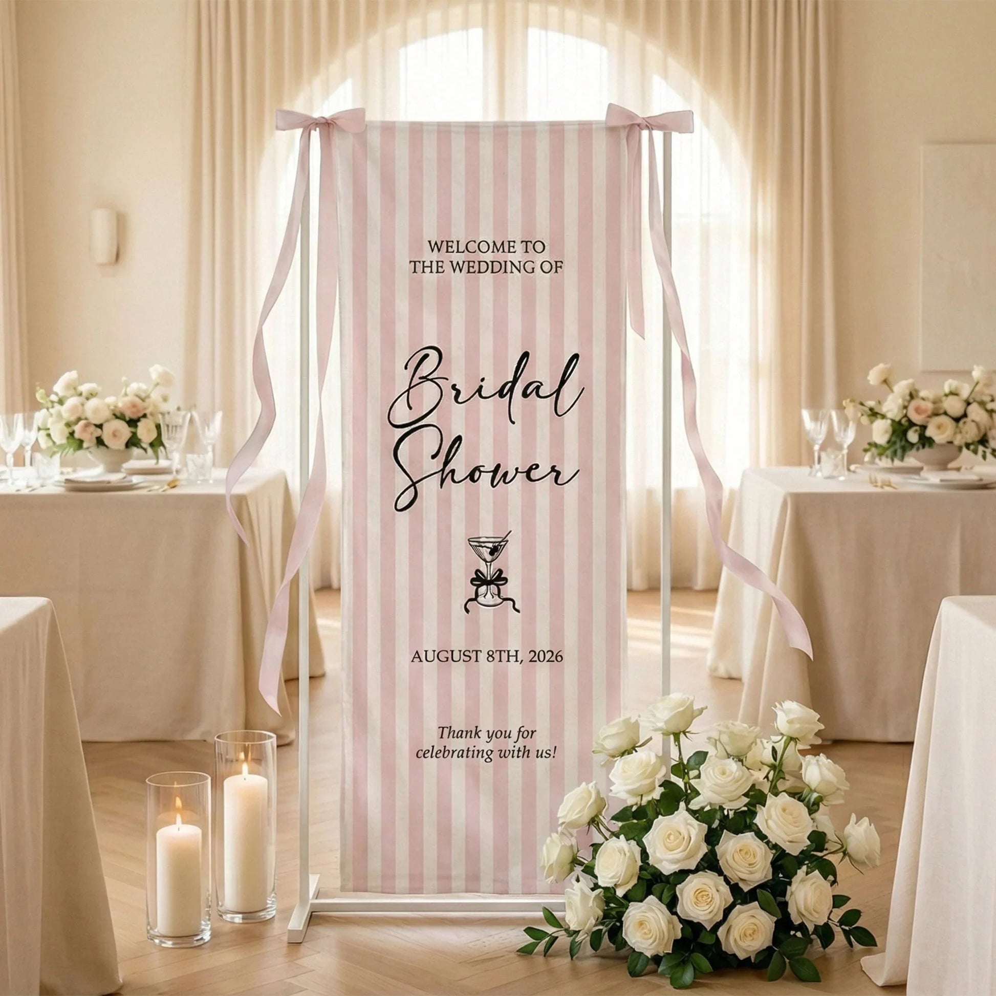 Coquette Bridal Shower Banner Stand Personalized Custom Name Pink Stripe Welcome Sign Party Decor, bridal shower decor