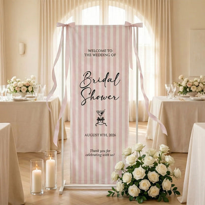 Coquette Bridal Shower Banner Stand Personalized Custom Name Pink Stripe Welcome Sign Party Decor, bridal shower decor