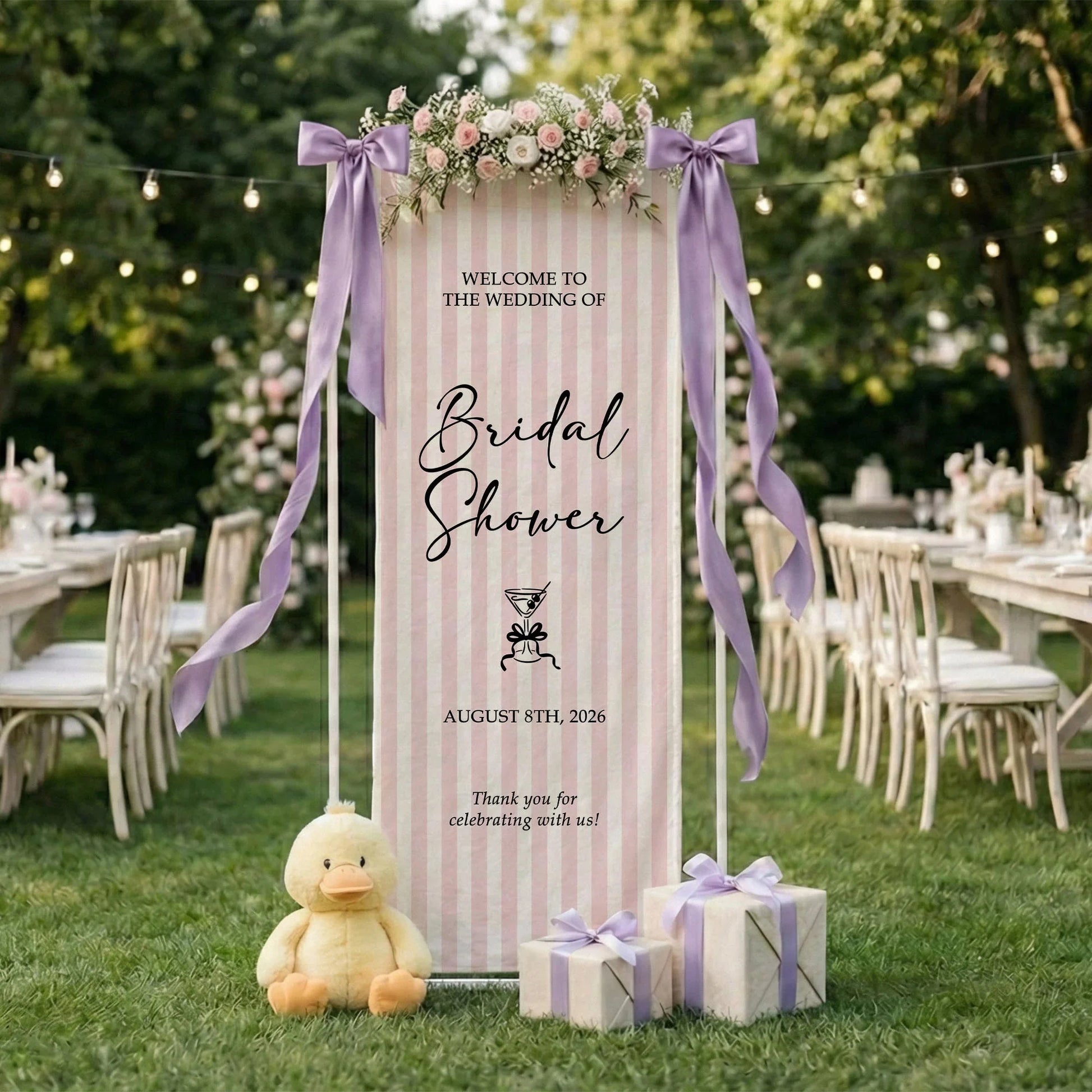 Coquette Bridal Shower Banner Stand Personalized Custom Name Pink Stripe Welcome Sign Party Decor, bridal shower decor