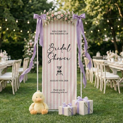Coquette Bridal Shower Banner Stand Personalized Custom Name Pink Stripe Welcome Sign Party Decor, bridal shower decor