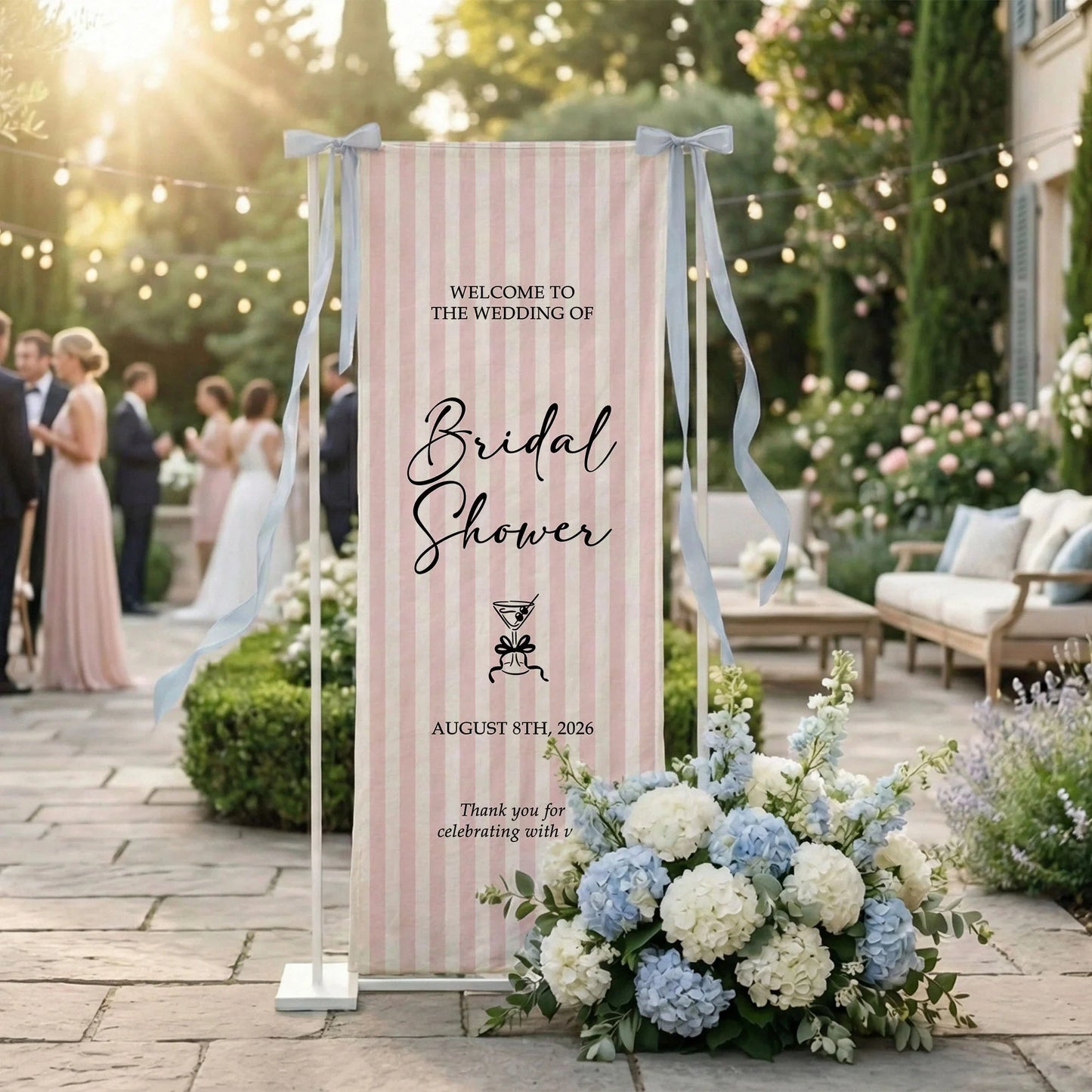 Coquette Bridal Shower Banner Stand Personalized Custom Name Pink Stripe Welcome Sign Party Decor, bridal shower decor