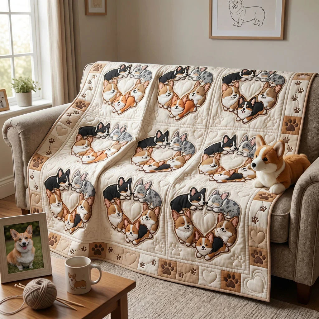 Corgi Hearts Quilt Blanket