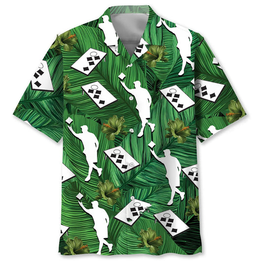 Cornhole Player Hibiscus Green Hawaiian Shirt