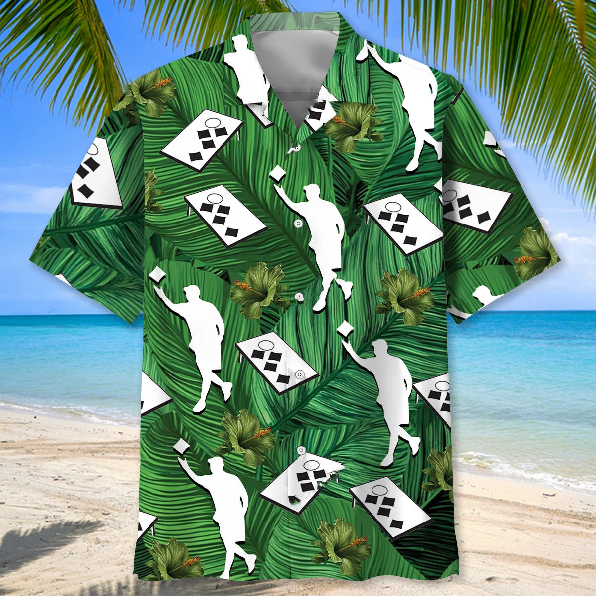 Cornhole Player Hibiscus Green Hawaiian Shirt