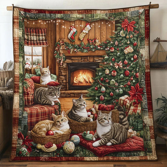 Cozy Fireplace Cat Quilt Blanket