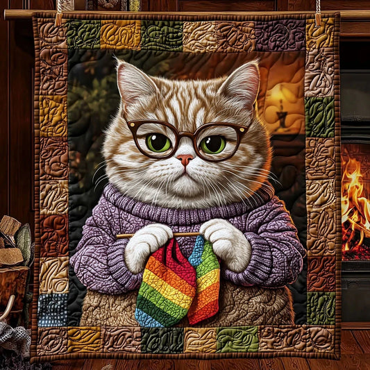 Cozy Knitting Cat Quilt Blanket