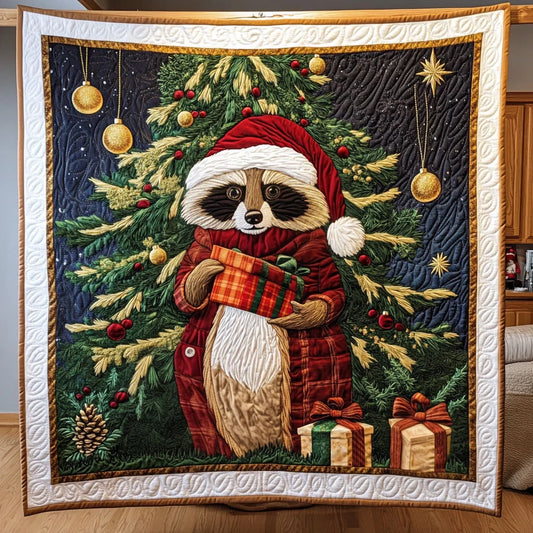 Cozy Racoon With A Festive Spirit Quilt Blanket