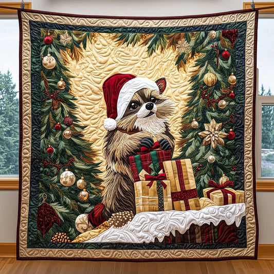 Cozy Racoon With A Festive Spirit Quilt Blanket
