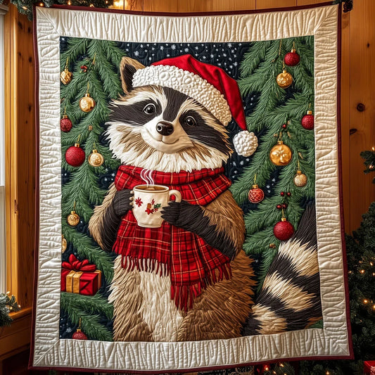 Cozy Racoon With A Festive Spirit Quilt Blanket