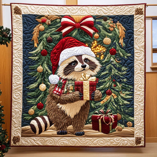 Cozy Racoon With A Festive Spirit Quilt Blanket