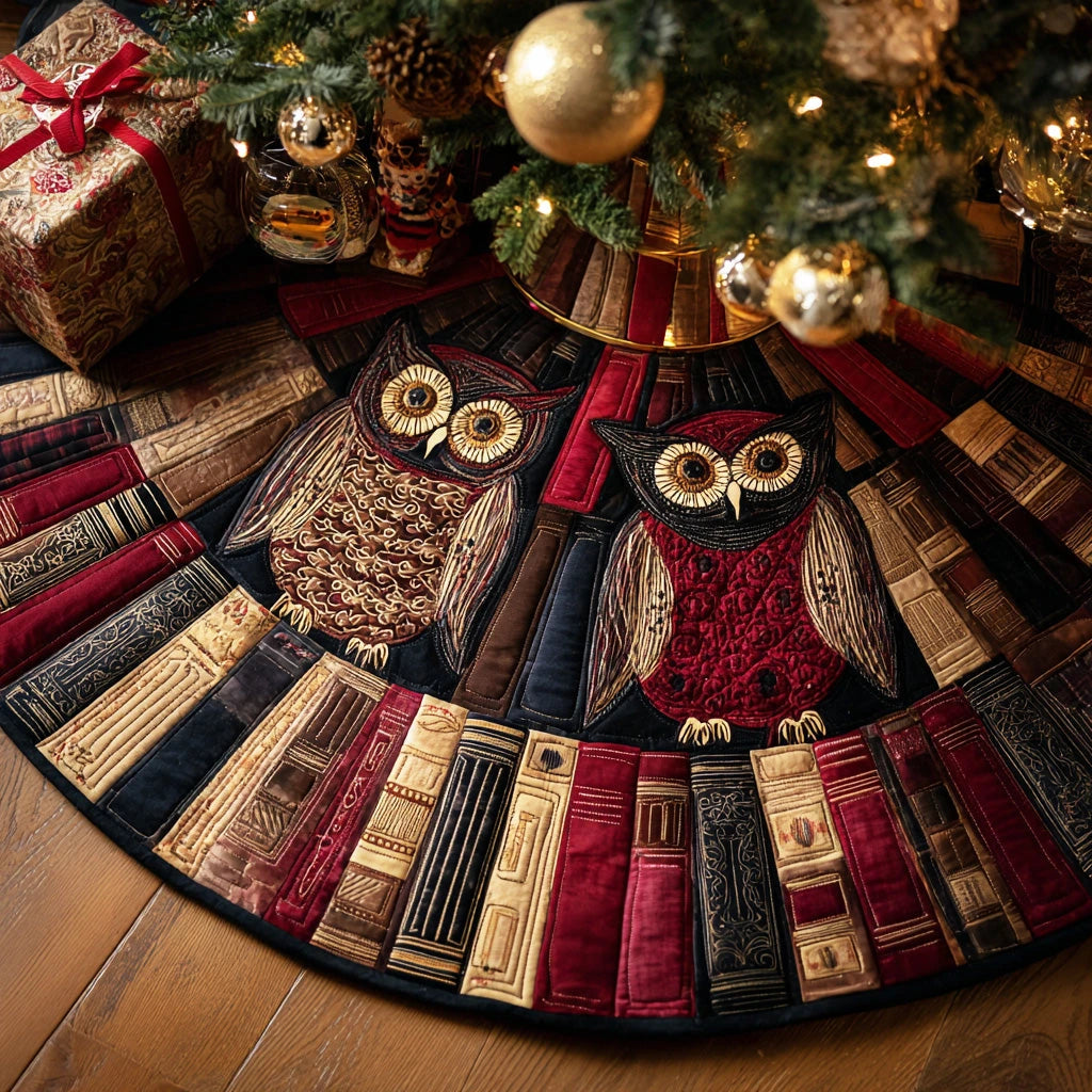 Cozy Study Owl Christmas Quilted Tree Skirt