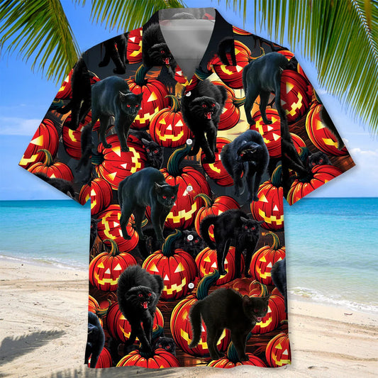 Creepy Black Cat Pumpkins Hawaiian Shirt