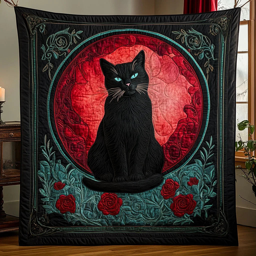 Crimson Night Cat Quilt Blanket