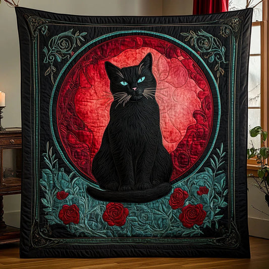 Crimson Night Cat Quilt Blanket