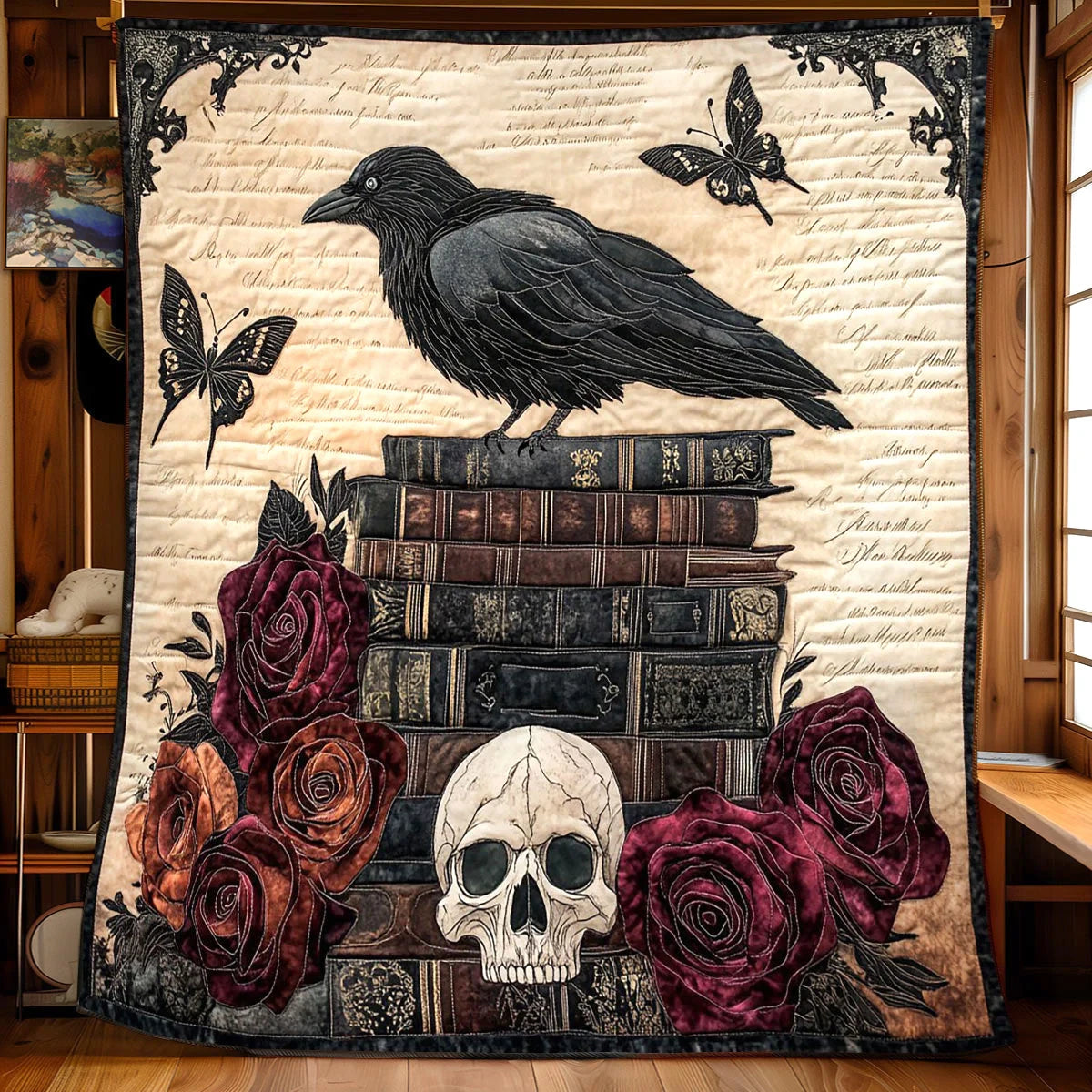Crimson Raven Rose Quilt Blanket