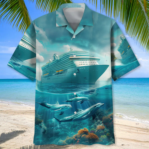 Cruise Ship with Dolphins Art Hawaiian Shirt