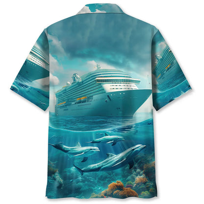 Cruise Ship with Dolphins Art Hawaiian Shirt