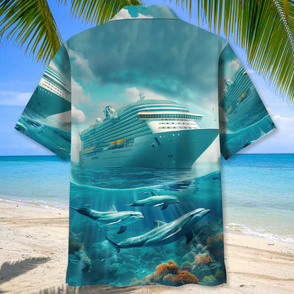 Cruise Ship with Dolphins Art Hawaiian Shirt