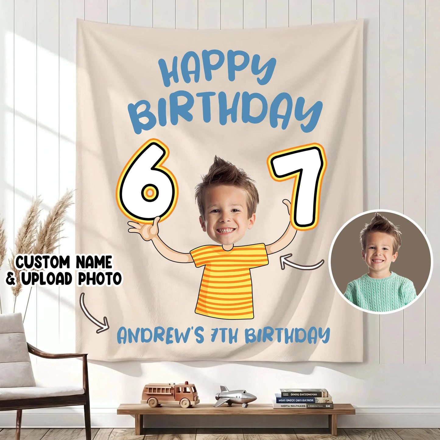 Custom Photo 7th Birthday Tapestry Banner Personalized Kids Birthday Backdrop Party Decor 67