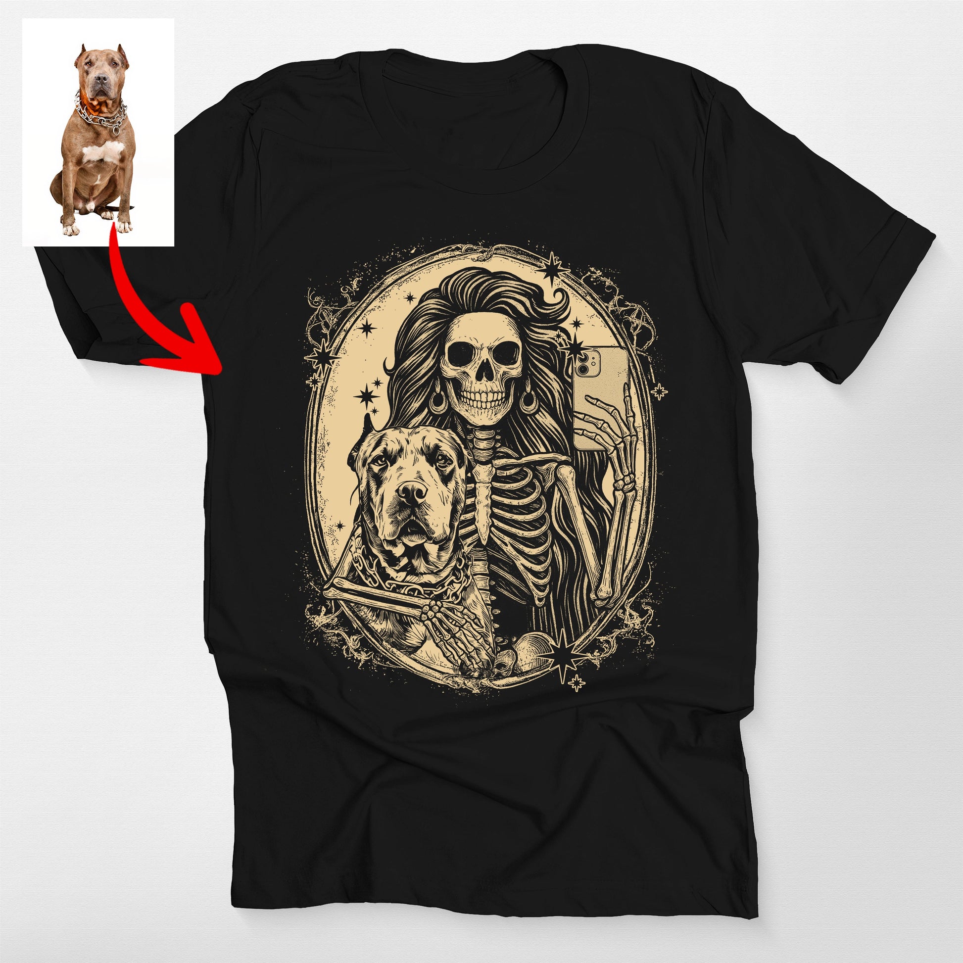 Custom Dog and Skeleton Bella Canvas T-Shirt for D, custom pet portrait gift for pet lovers