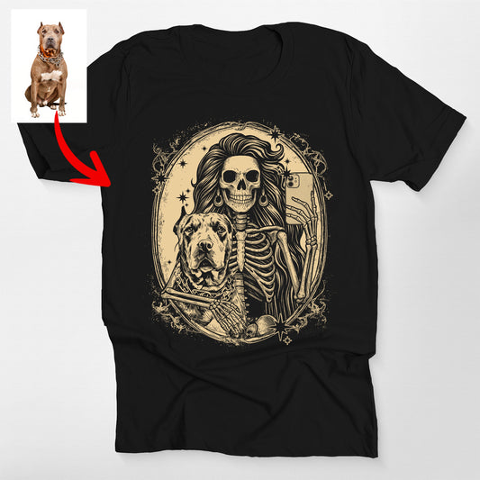 Custom Dog and Skeleton Bella Canvas T-Shirt for D, custom pet portrait gift for pet lovers