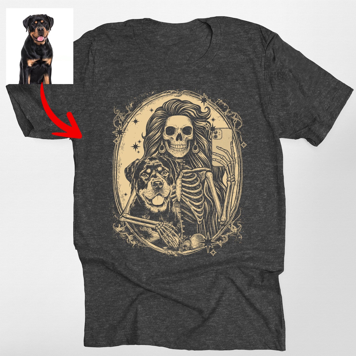 Custom Dog and Skeleton Bella Canvas T-Shirt for D, custom pet portrait gift for pet lovers (view 2)