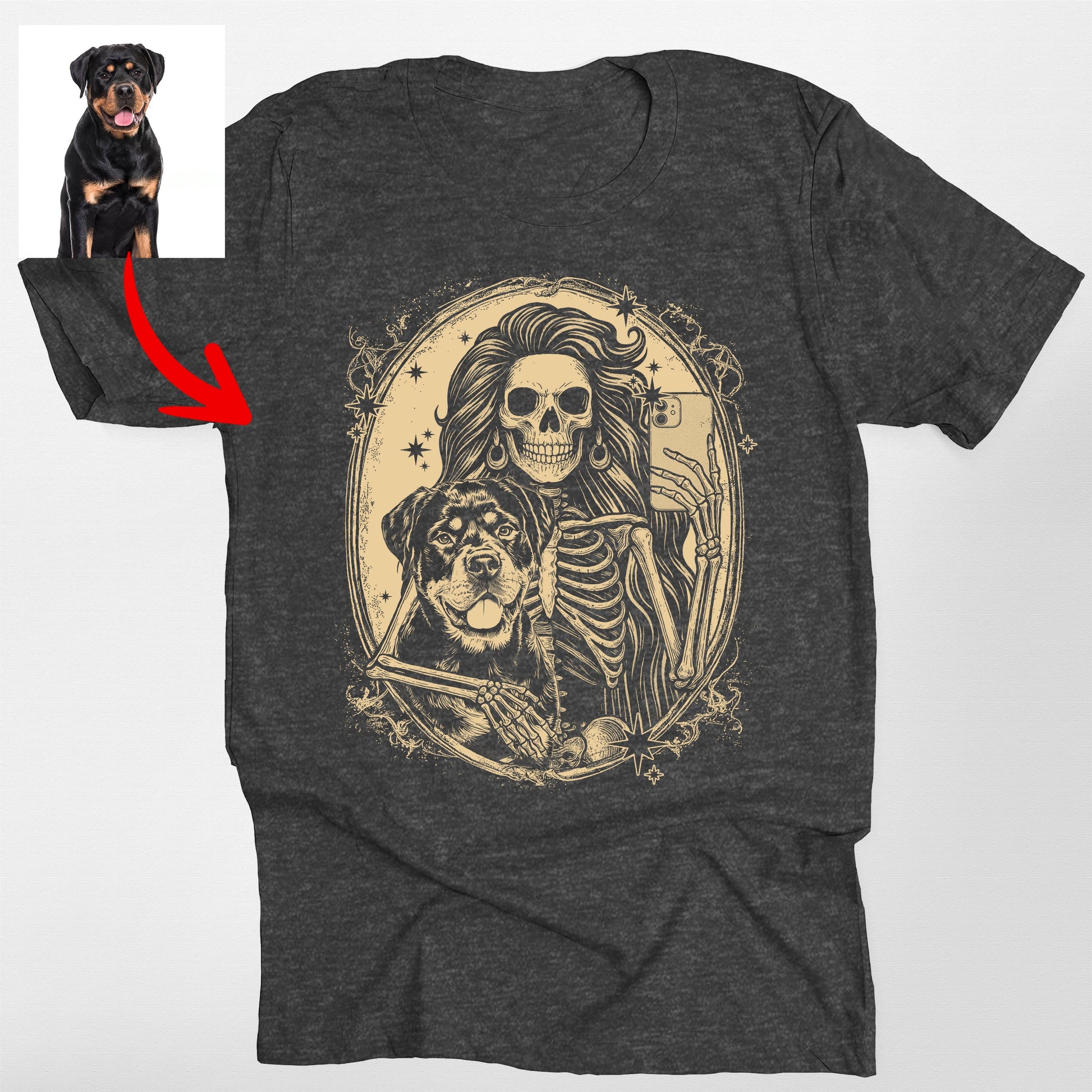 Custom Dog and Skeleton Bella Canvas T-Shirt for D, custom pet portrait gift for pet lovers (view 2)