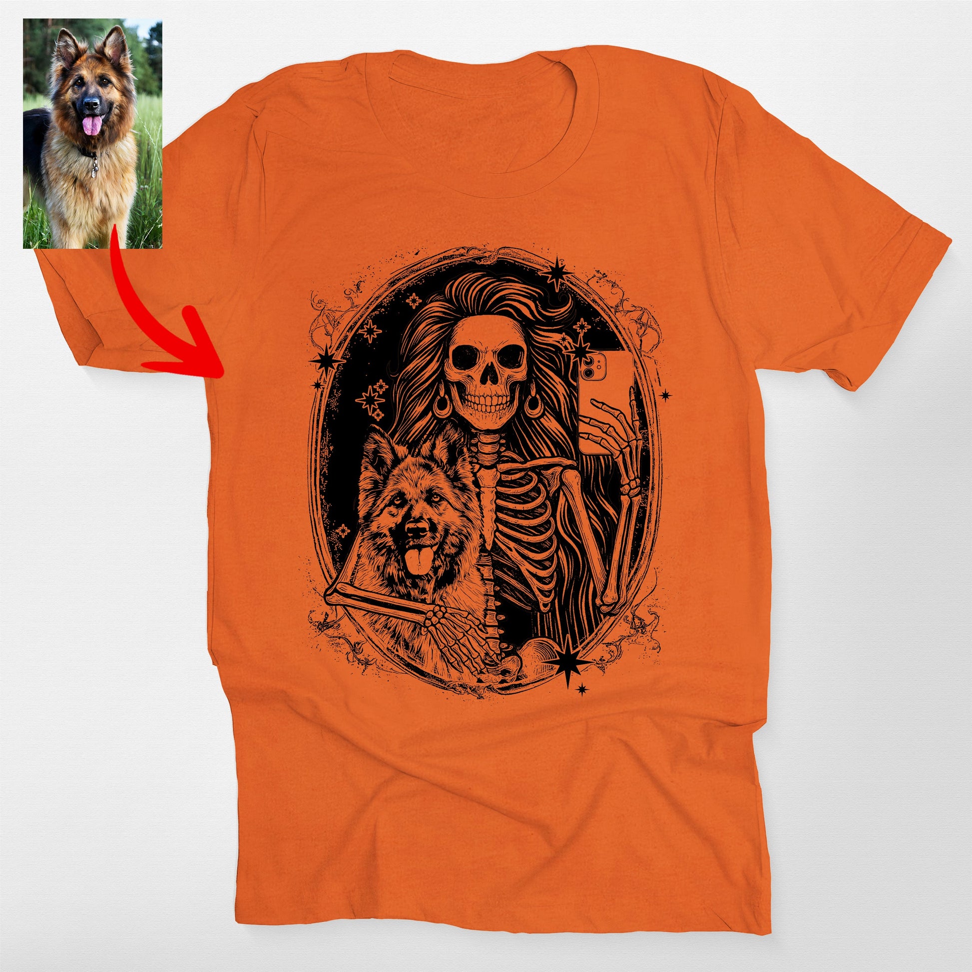 Custom Dog and Skeleton Bella Canvas T-Shirt for D, custom pet portrait gift for pet lovers (view 3)