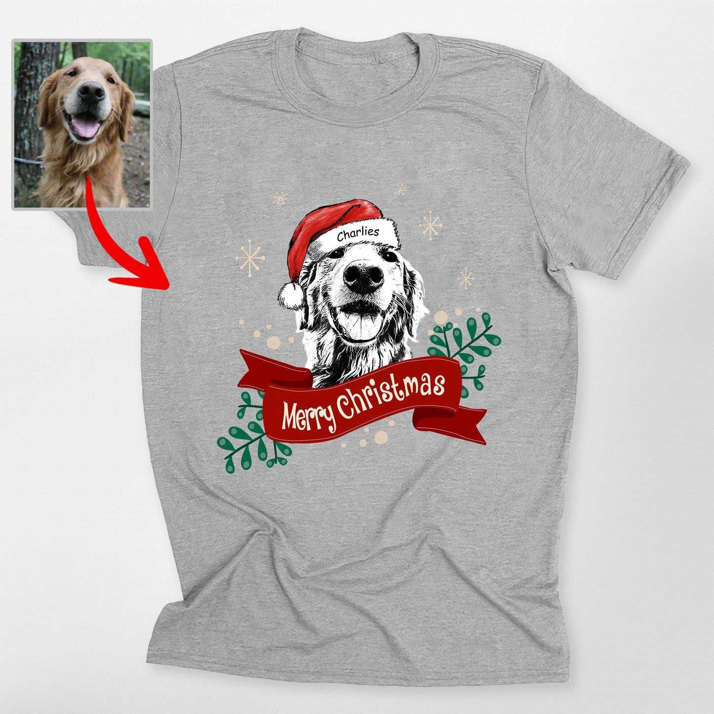 Custom Dog Christmas Shirt with Santa Hat and Red, custom pet portrait gift for pet lovers
