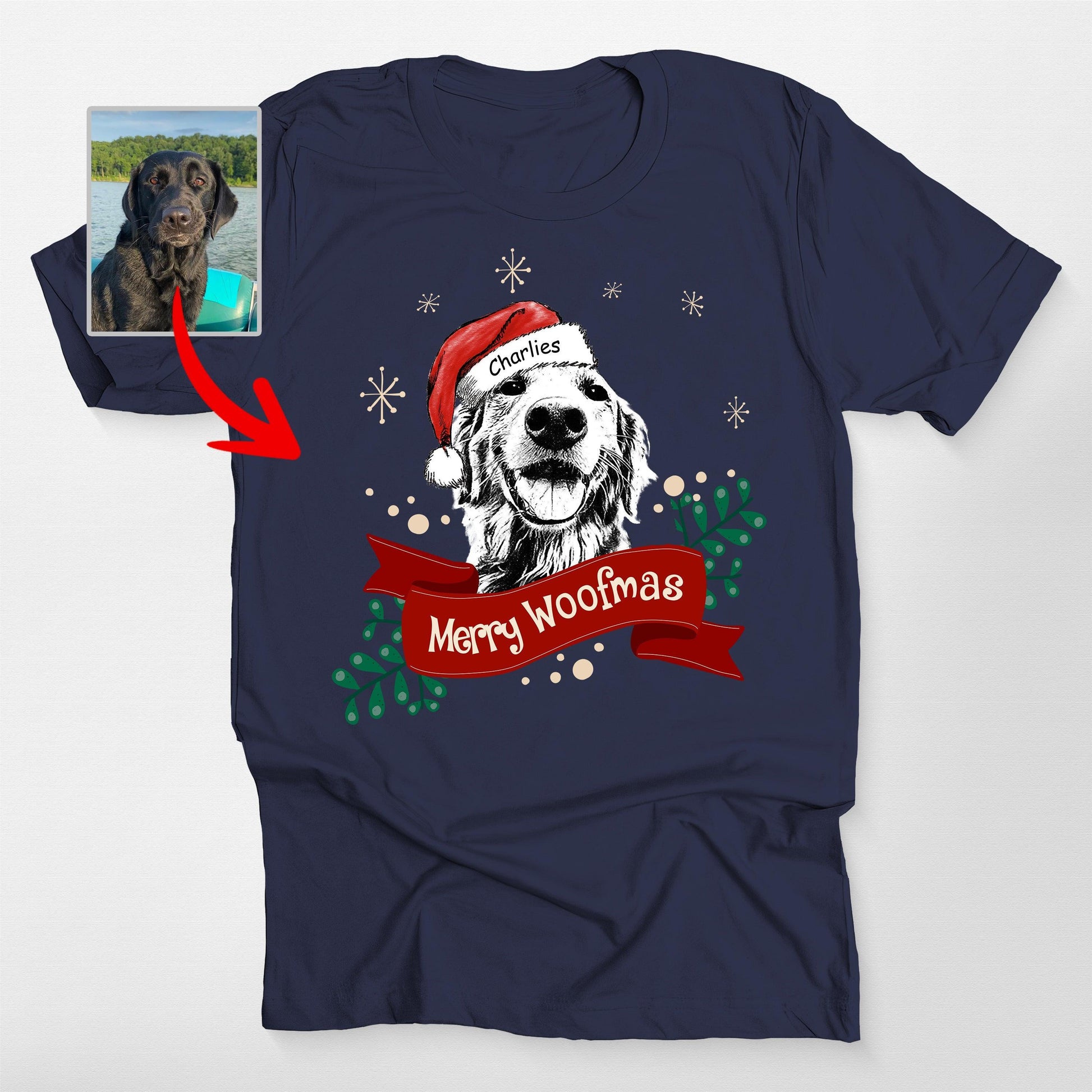Custom Dog Christmas Shirt with Santa Hat and Red, custom pet portrait gift for pet lovers (view 9)