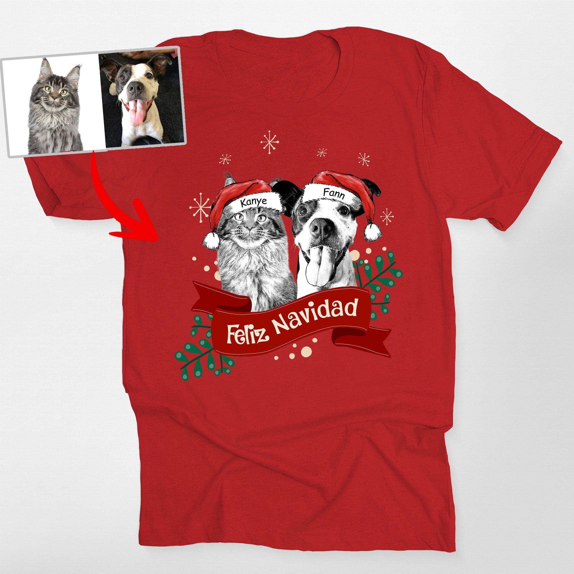 Custom Dog Christmas Shirt with Santa Hat and Red, custom pet portrait gift for pet lovers (view 10)