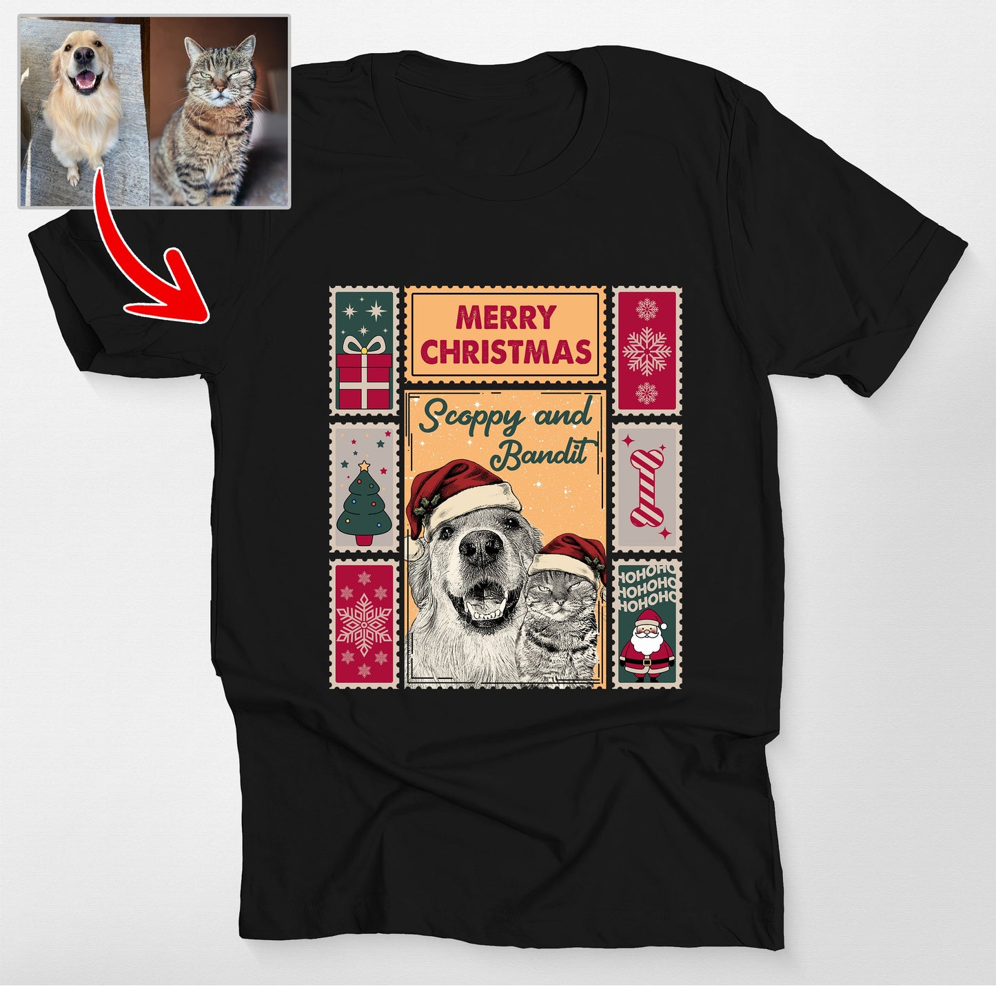 Custom Dog Christmas Stamp Collection Bella Canvas, custom pet portrait gift for pet lovers